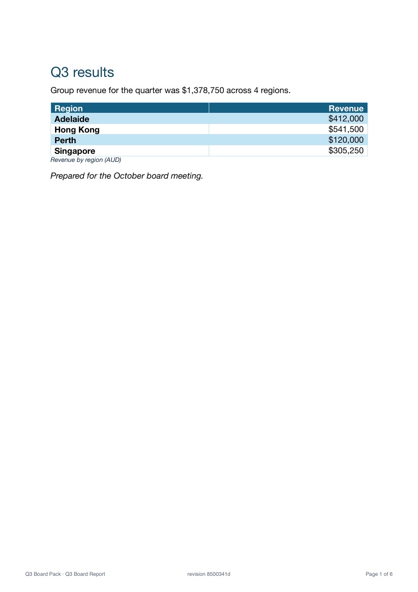 Page 1 of the board pack: the Q3 report with the revenue table.